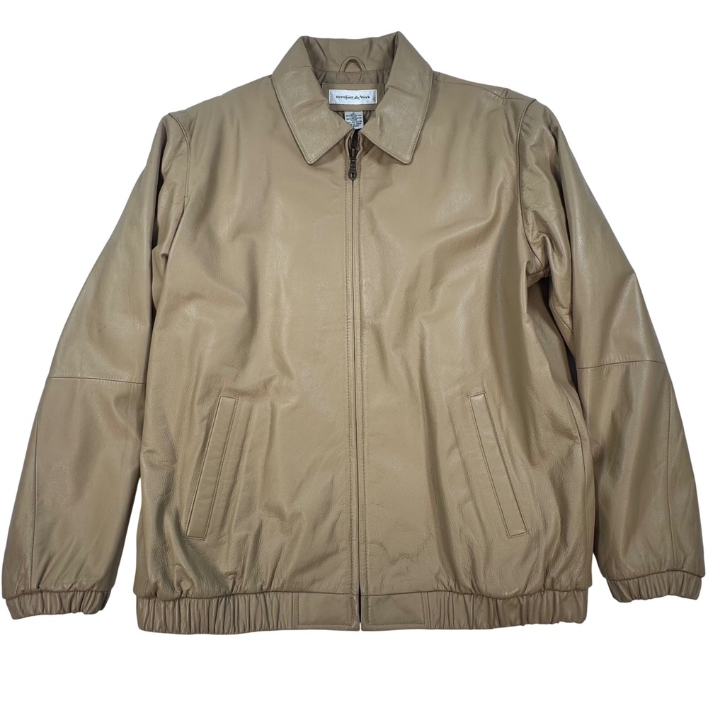 Preston & York Tan Beige Genuine Leather Bomber Jacket Mens Medium Quilted